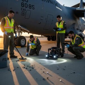 Team conducting FOD inspections in an aviation setting, highlighting safety procedures