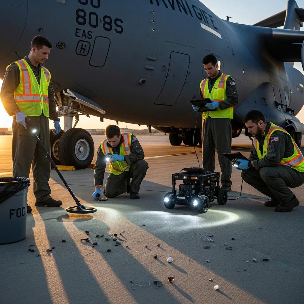 Team conducting FOD inspections in an aviation setting, highlighting safety procedures