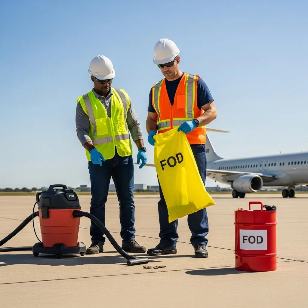 Team conducting routine inspections and using FOD management tools to prevent foreign object debris in aviation