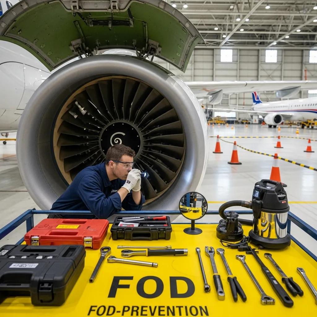 Technician inspecting aircraft engine for foreign object debris during maintenance