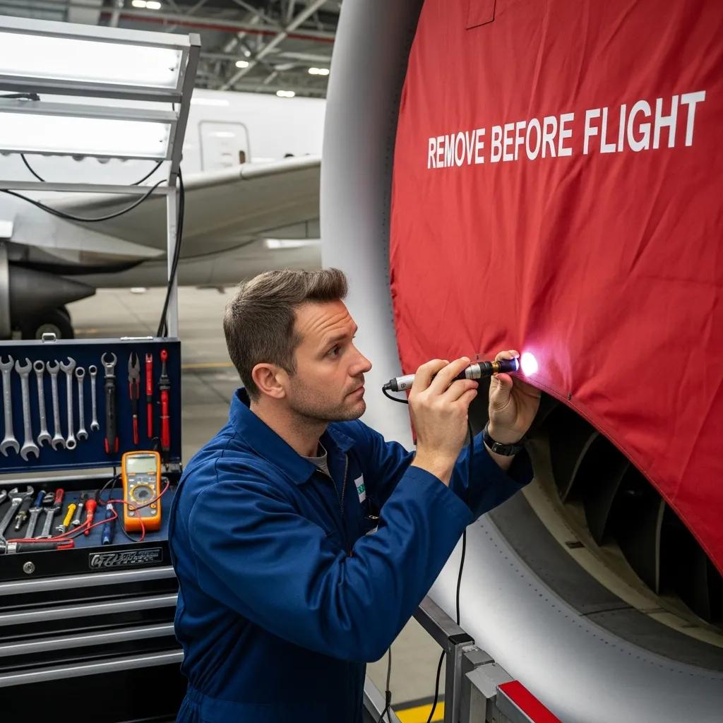 Technician inspecting FOD covers on aircraft, demonstrating best practices for effective FOD management