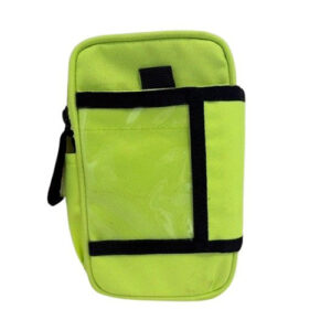 Bright green zippered pouch with black straps and a clear front pocket.