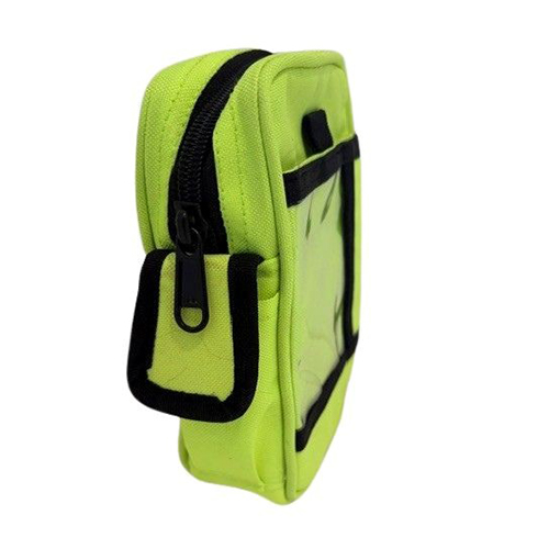 Neon green zippered pouch with a clear front pocket and black trim, designed to hold small items.