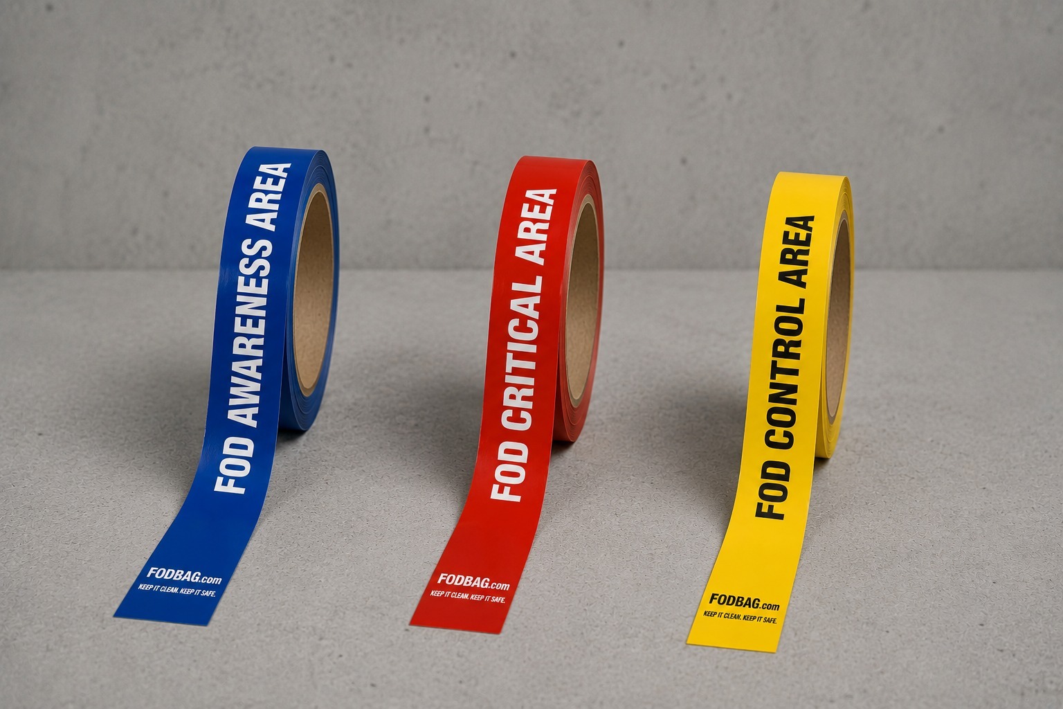 FOD awareness, critical, and control area marking tape rolls color-coded for zone marking