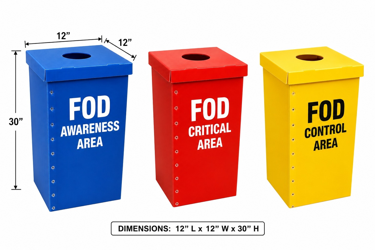 Assembled blue, red, and yellow FOD collection cans labeled Awareness, Critical, and Control Area, 12 by 12 by 30 inch dimensions