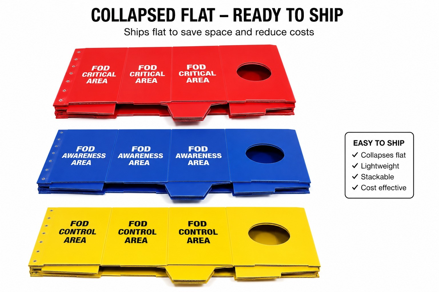 FOD critical, awareness, and control area cans shown collapsed flat for compact, cost-effective shipping