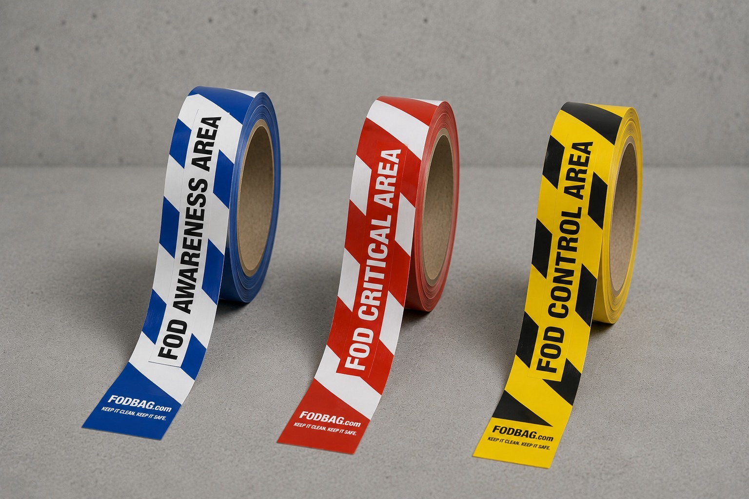 FOD awareness, critical, and control area marking tape rolls for aviation and aerospace zone marking