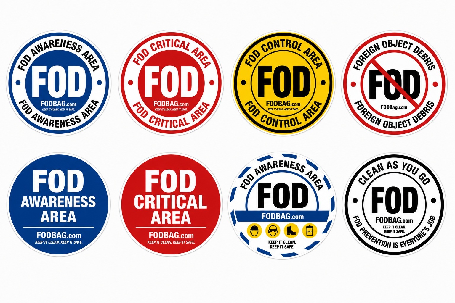FOD sticker product sheet showing awareness label options