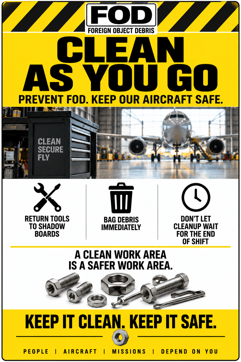 Clean As You Go FOD prevention sign