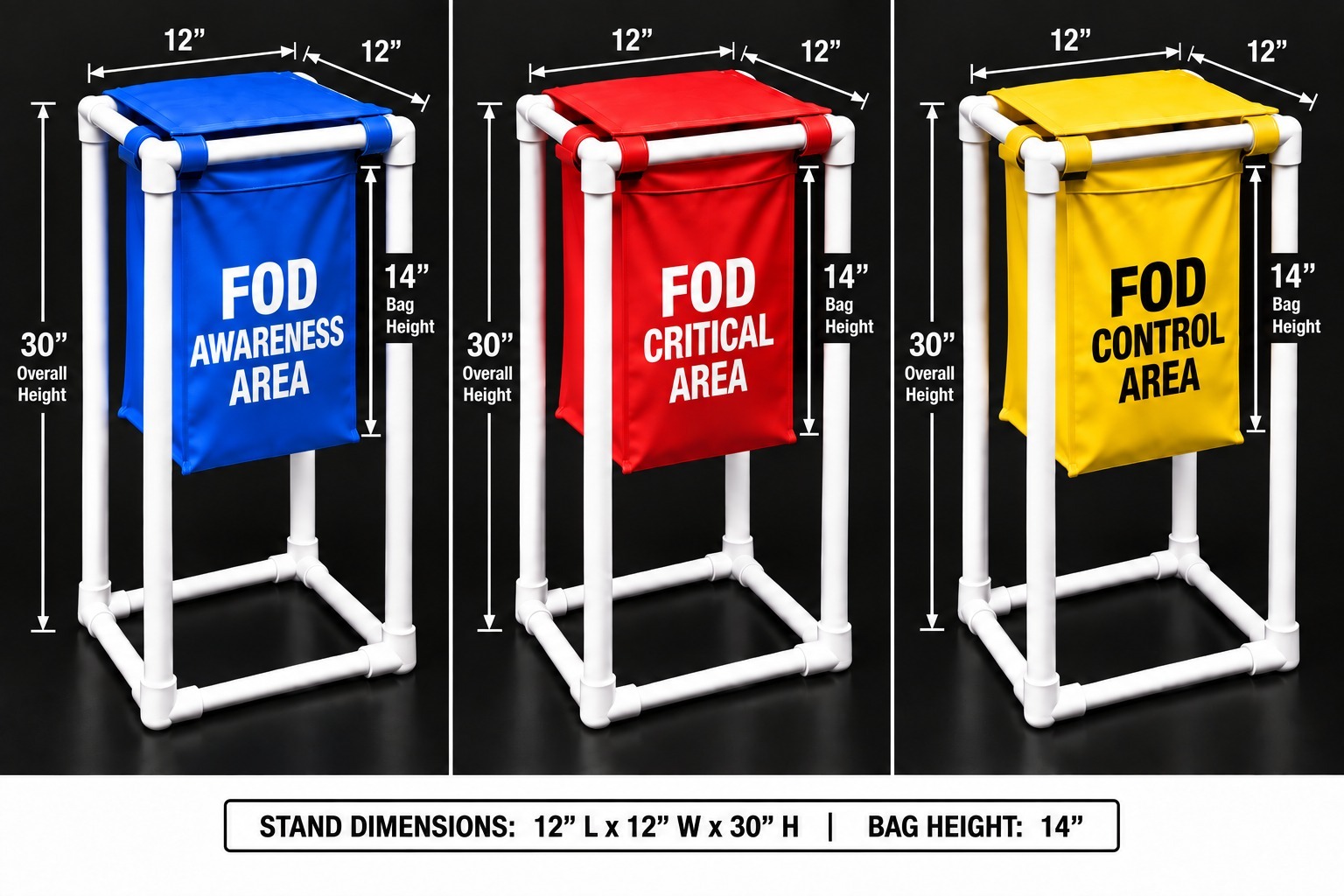 Assembled blue, red, and yellow FOD collection cans labeled Awareness, Critical, and Control Area, 12 by 12 by 30 inch dimensions