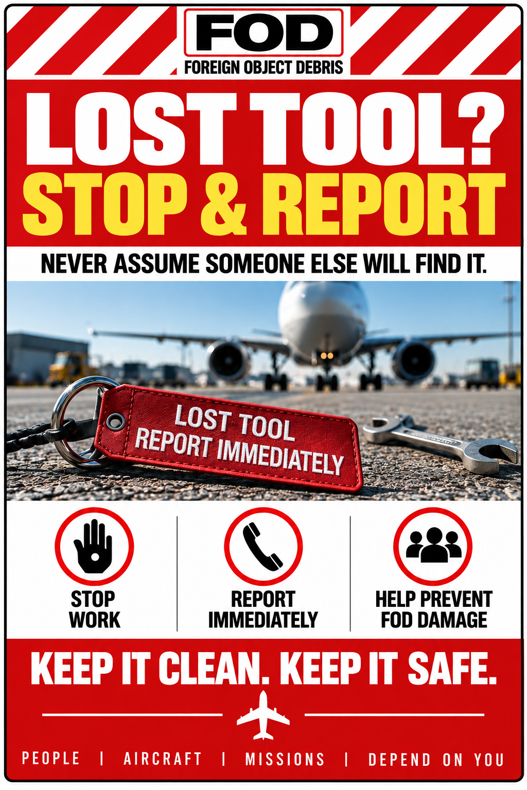 Lost Tool? Stop & Report FOD Sign