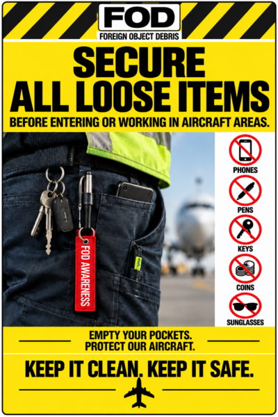Promote effective Foreign Object Debris (FOD) prevention with this highly visible Secure All Loose Items FOD Prevention Sign